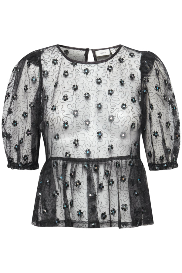 Elsie Sequin Flower Top - Black