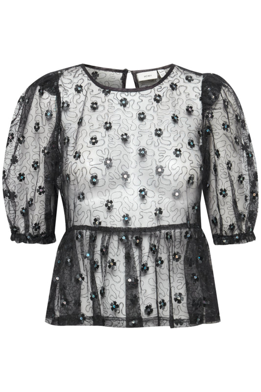 Elsie Sequin Flower Top - Black
