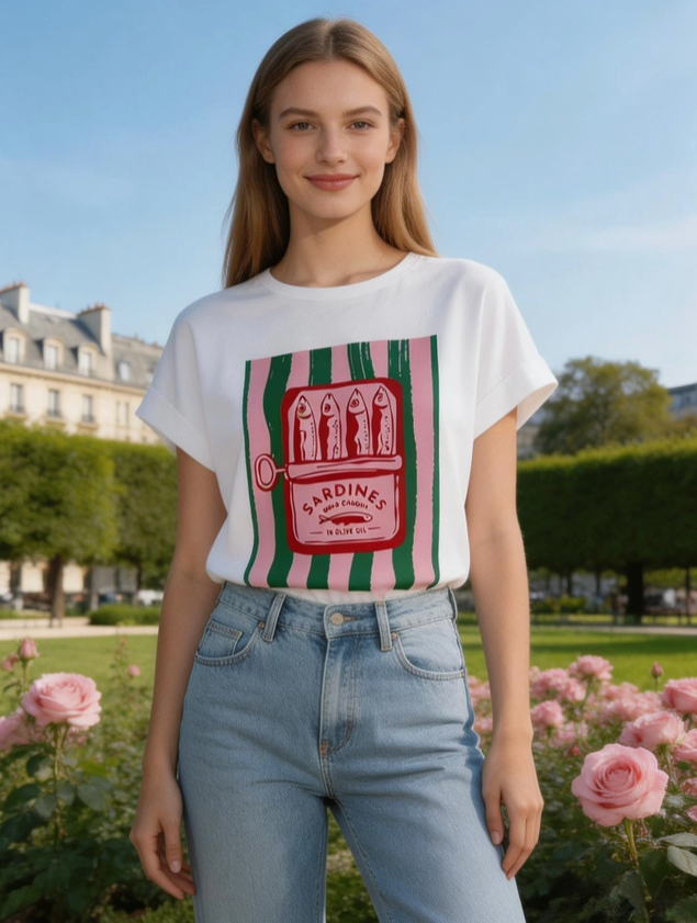 Sardines Tee White - Pink/green